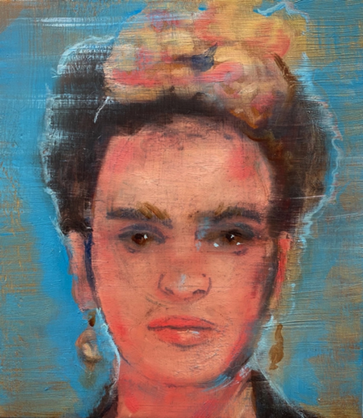 Gregg Chadwick 
Frida Kahlo
 10"x10" oil on wood cigar box 2021
Private Collection, Los Angeles
Sold at The Other Art Fair - September 2021